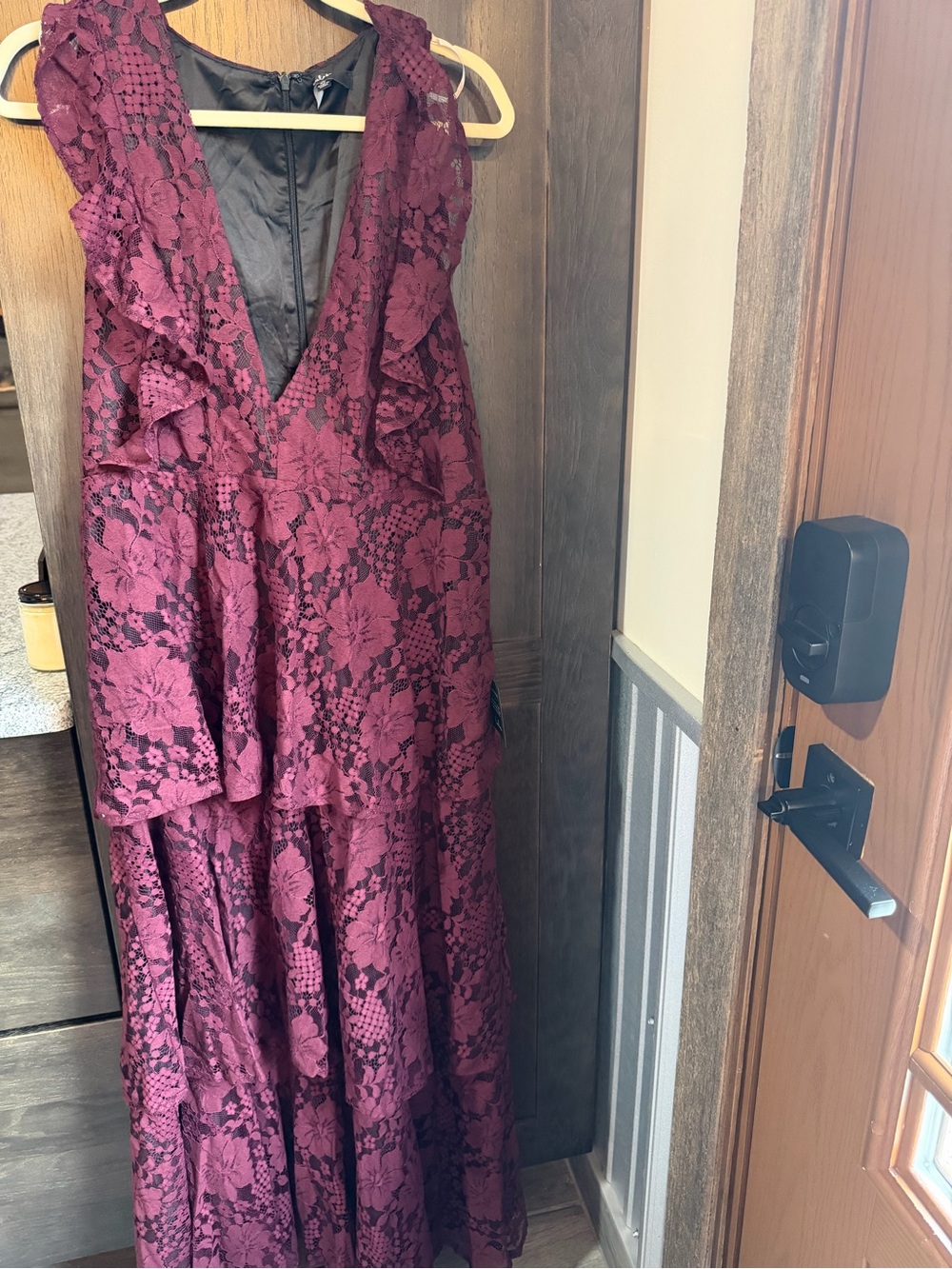 Lulu's Burgundy Floral Lace Ruffled V-Neck Maxi Dress